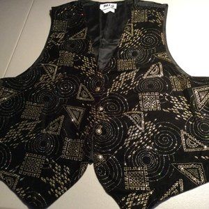 Miz California Ladies L Black Foil vest Button Down Geometric Patterns